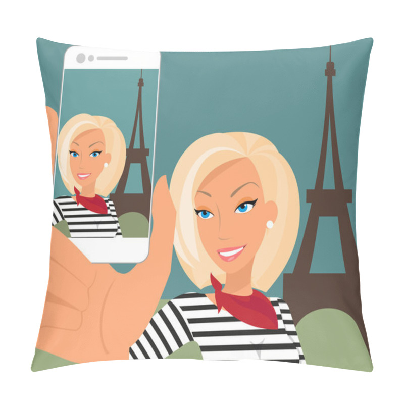 Personality  Blond Woman Is Taking Selfie In Paris Pillow Covers