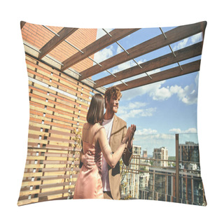 Personality  A Man And A Woman Stand On The Rooftop, Gazing Out At The City Skyline. The Wind Blows Through Their Hair As They Take In The Breathtaking View Pillow Covers