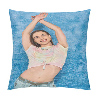 Personality  Dreamy And Smiling Long Haired Homosexual Man Posing During Pride And Lgbt Community Month Celebration On Textured And Mottled Blue Background Pillow Covers