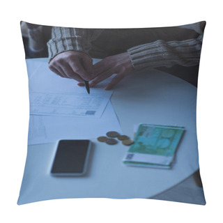 Personality  Cropped View Of Man Holding Pen Near Payment Bills And Money With Smartphone During Electricity Shutdown Pillow Covers