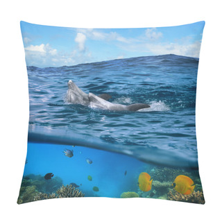 Personality  Pair Of Happy Playful Dolphins Swimming Its Back On Wave Pillow Covers