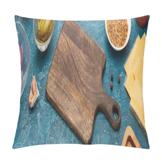 Personality  Fresh Burger Ingredients And Wooden Cutting Board On Blue Textured Surface, Panoramic Shot Pillow Covers