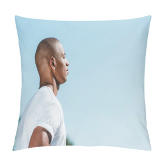 Personality  Side View Of Confident African American Soldier In White Shirt Against Blue Sky Pillow Covers