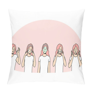 Personality  Skin Care And Treatment Concept. Young Smiling Woman Having Skin Acne Problems Applying Mask And Cream Having Healthy Shiny Skin Vector Illustration Pillow Covers