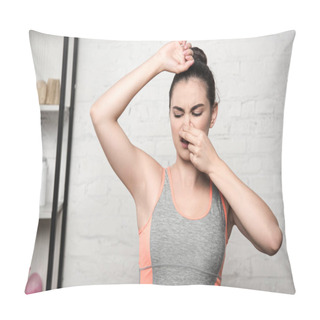 Personality  Shocked Woman Plugging Nose With Hand While Looking At Underarm Pillow Covers