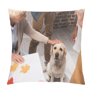 Personality  Partial View Of Senior Woman Stroking Golden Retriever Near Multiethnic Family On Thanksgiving Day Pillow Covers