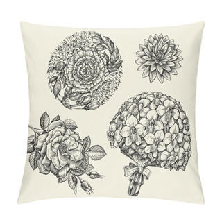 Personality  Flowers. Hand Drawn Sketch Flower, Rose, Peony, Lotus, Orchid, Bouquet. Vector Illustration Pillow Covers