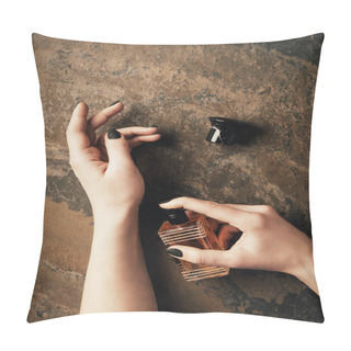Personality  Partial Top View Of Woman Applying Perfume Above Brown Weathered Surface Pillow Covers