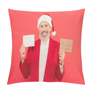 Personality  Positive Mature Man In Hat Holding Envelope And Letter To Santa Isolated On Red Pillow Covers