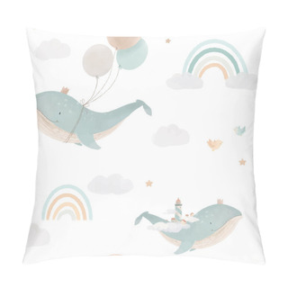 Personality  Beautiful Vector Children Seamless Pattern Contain Cute Hand Drawn Watercolor Flying Whales With Air Balloons Lighthouses Clouds And Rainbows. Stock Illustration. Pillow Covers