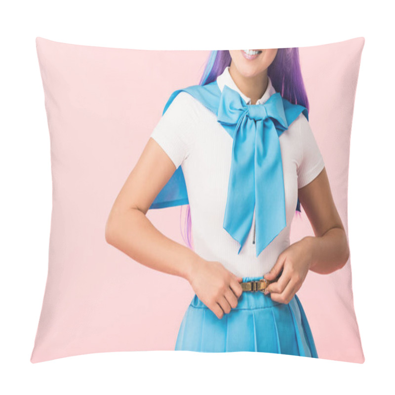Personality  Cropped View Of Happy Otaku Girl In Sailor Suit Smiling Isolated On Pink Pillow Covers