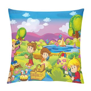 Personality  Cartoon Summer Nature Background Near The Lake With Kids Having Fun And Picnic - Illustration For Children Pillow Covers