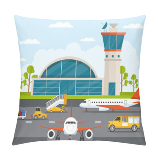 Personality  Airport With Infographic Elements Templates. Vector Flat Illustration Pillow Covers