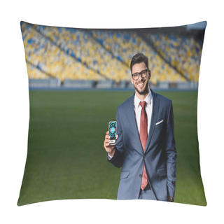 Personality  Smiling Young Businessman In Suit And Glasses Holding Smartphone With Stopwatch App At Stadium Pillow Covers