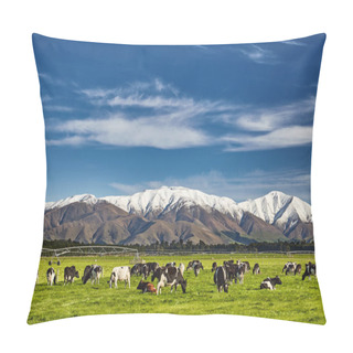 Personality  Landscape With Snowy Mountains And Grazing Cows, New Zealand Pillow Covers