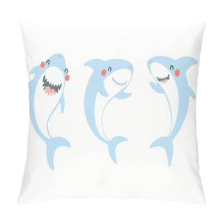 Personality  Collection Of Cute Funny Sharks.Hand Drawn Vector Illustration. Flat Style Design. Concept For Summer Children Print. Pillow Covers