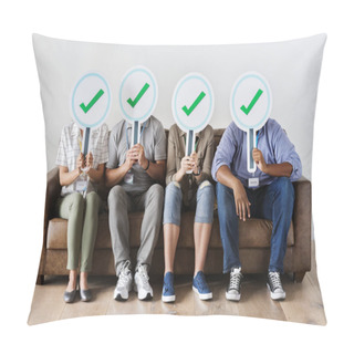 Personality  Workers Sitting And Holding Tick Icons Pillow Covers