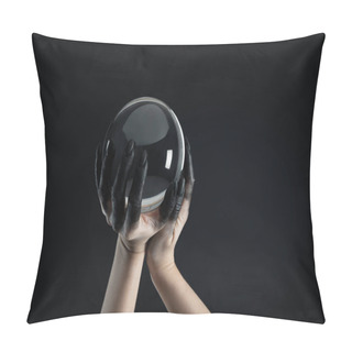 Personality  Cropped View Of Witch With Black Paint On Hands Holding Crystal Ball Isolated On Black Pillow Covers