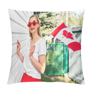 Personality  Happy Canada Day Concept. Woman With Canadian Flag Smiling Wearing Fancy Sunglasses Looking To The Camera. Proud Canadian. Pillow Covers