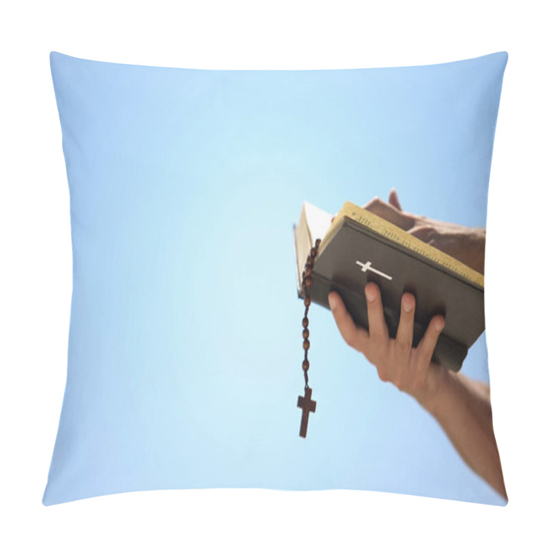 Personality  Hands holding bible and rosary on blue background, praying to god, template pillow covers