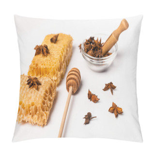 Personality  Honey Dipper, Bowl With Wooden Scoop And Anise Seeds Near Honeycomb On White Pillow Covers