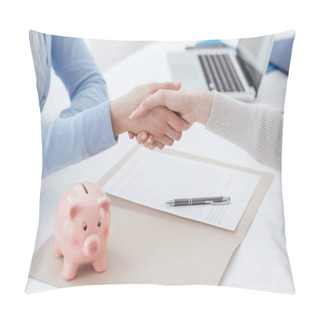 Personality  Financial Advisor And Customer Meeting In The Office And Shaking Hands Pillow Covers