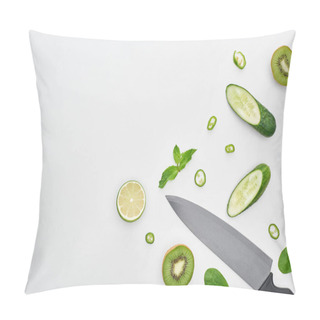 Personality   Top View Of Knife, Fresh Cucumbers, Kiwi, Lime, Peppers And Greenery  Pillow Covers