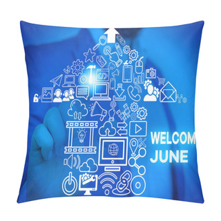 Personality  Word Writing Text Welcome June. Business Concept For Calendar Sixth Month Second Quarter Thirty Days Greetings Male Human Wear Formal Work Suit Presenting Presentation Using Smart Device. Pillow Covers