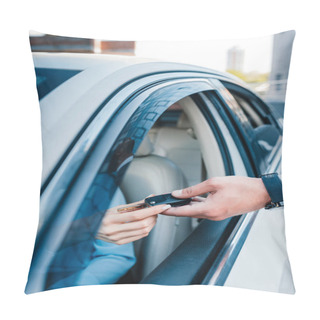 Personality  Cropped Shot Of Businessman Giving Car Keys To Colleague At Driver Seat In Car Pillow Covers