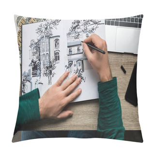Personality  Top View Of Mans Hands Drawing In Album On Wooden Table Next To Smartphone And  Laptop Pillow Covers