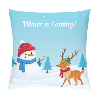 Personality  Winter Coming Background Vector With Big Snowman And Cute Dressed Reindeer Illustration In Snow. Holiday Greeting Card, Banner, Poster, Template Pillow Covers