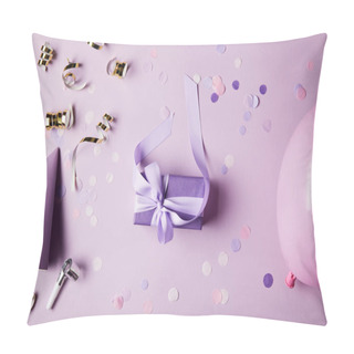 Personality  Top View Of One Violet Present Box, Balloon, Party Hat And Confetti Pieces On Surface Pillow Covers