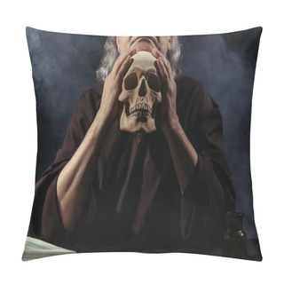 Personality  Cropped View Of Medieval Alchemist With Skull Sitting On Black Background With Smoke Pillow Covers