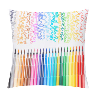 Personality  Panoramic Shot Of Set Of Bright Color Felt-tip Pens Without Cups Isolated On White Pillow Covers