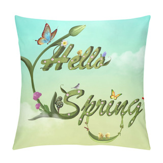 Personality  Hello Spring Digital Illustration With Flowers, Butterflies And Lovely Birds Pillow Covers
