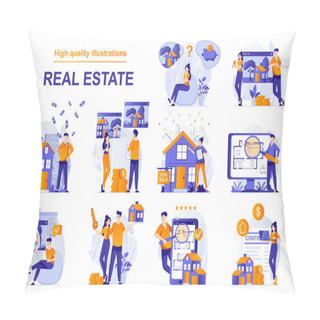 Personality  Real Estate Web Concept With People Scenes Set In Flat Style. Bundle Of Home For Sale, Buying New House, Searching Rental Apartment, Mortgage Loan, Housing. Vector Illustration With Character Design Pillow Covers
