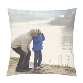 Personality  Grandfather And Grandson Make Photo On A Vintage Camera Pillow Covers