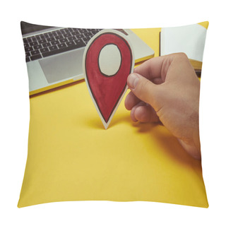 Personality  Cropped Image Of Man Holding Paper Location Sign Near Laptop Pillow Covers