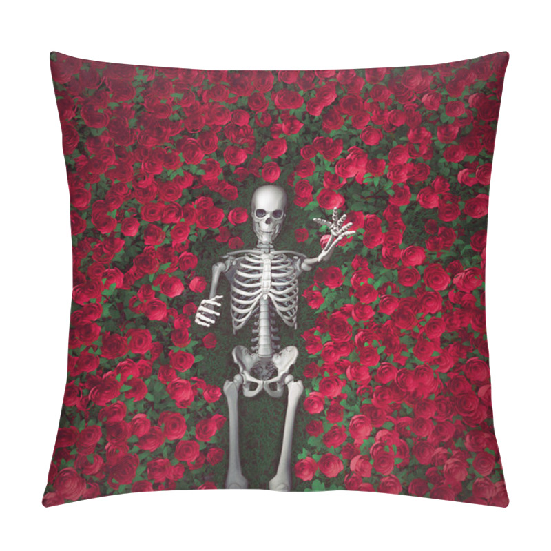 Personality  Red roses and death / 3D illustration of surreal scene with skeleton reaching out from field of bright flowers pillow covers