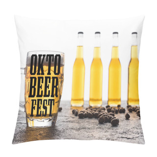 Personality  Selective Focus Of Glass With Light Beer And Oktebeer Fest Lettering Near Bottles And Coffee Grains Isolated On White Pillow Covers
