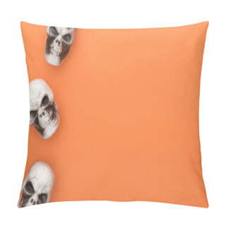 Personality  Top View Of Decorative Skulls On Orange Background With Copy Space Pillow Covers