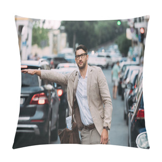 Personality  Businessman In Glasses With Bag Hitching Ride On Street Pillow Covers