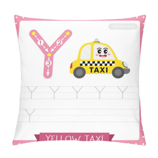 Personality  Letter Y Uppercase Cute Children Colorful Transportations ABC Alphabet Tracing Practice Worksheet Of Yellow Taxi For Kids Learning English Vocabulary And Handwriting Vector Illustration. Pillow Covers