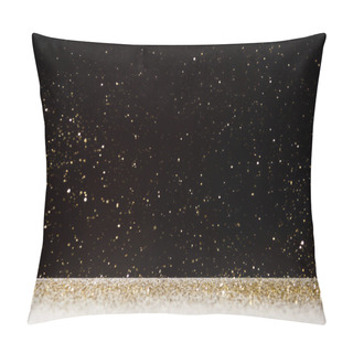 Personality  Selective Focus Of Golden Sparkles Falling On White Table Isolated On Black  Pillow Covers
