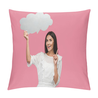 Personality  Happy Girl Holding Thought Bubble And Gesturing Isolated On Pink  Pillow Covers
