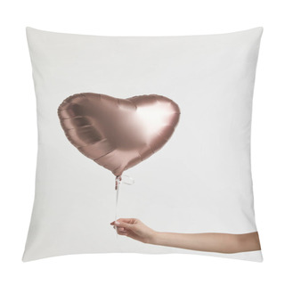 Personality  Cropped View Of Girl Holding Heart-shaped Golden Air Balloon Isolated On White Pillow Covers