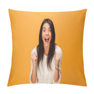 Personality  Portrait Of A Happy Young Woman Celebrating Pillow Covers