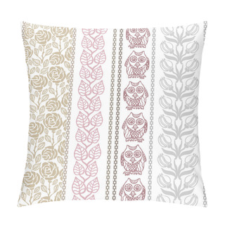 Personality  Set Of Bohemian Seamless Borders. Retro Roses Pattern, Blooming Tulips, Owls, Leaves. Pillow Covers