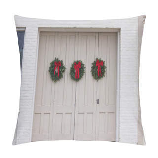 Personality  Tan And Cream Wooden Building Doors With Christmas Wreaths Pillow Covers