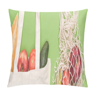 Personality  Top View Of Fresh Baguette, Vegetables And Fruits In Cotton And String Bag Isolated On Green, Panoramic Shot Pillow Covers